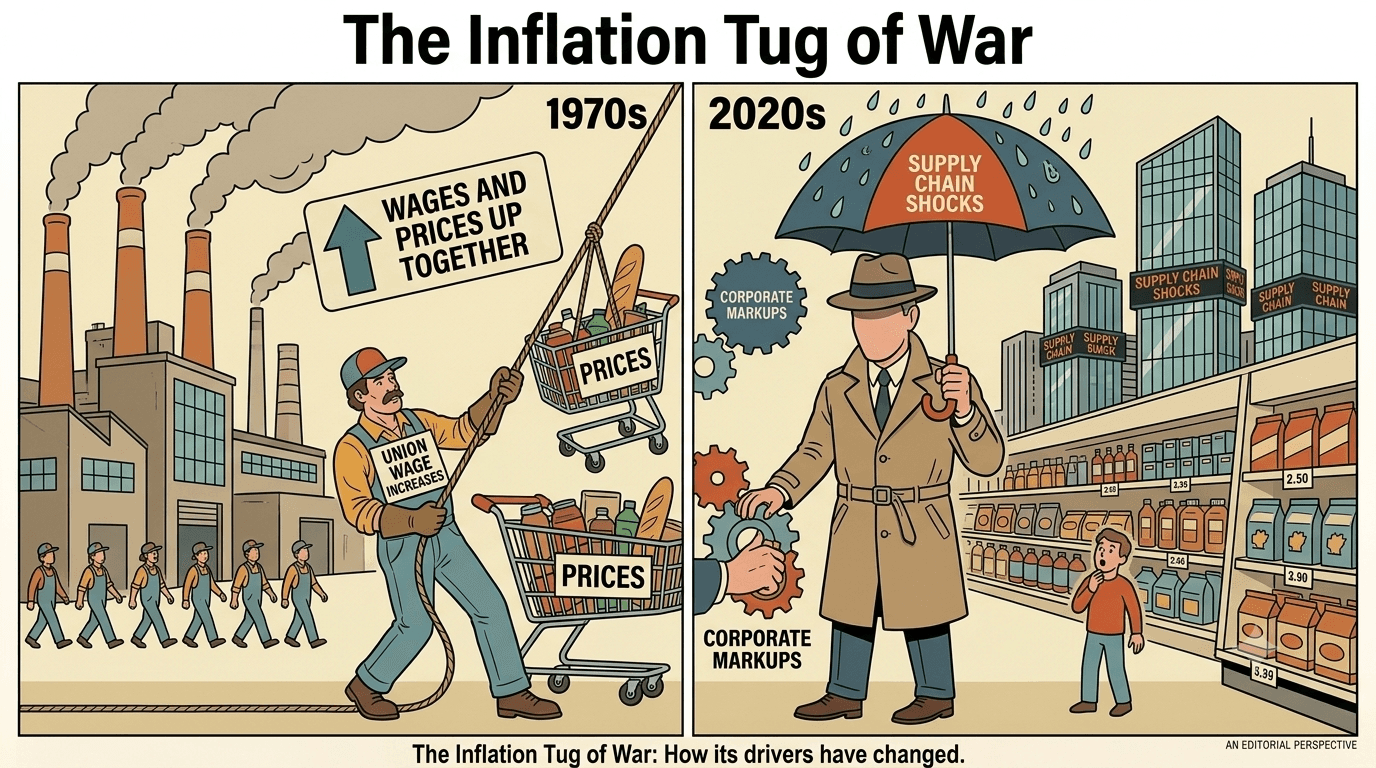 Illustration titled The Inflation Tug of War: on the left, a 1970s factory worker in a line of workers hauls a shopping cart labeled prices via a pulley system marked union wage increases, beneath a sign reading wages and prices up together and smoking factory towers; on the right, a 2020s corporate figure in a trench coat and hat shelters under an umbrella labeled supply chain shocks while turning gears labeled corporate markups, overlooking a grocery aisle with rising price tags and a child looking at the shelves; captioned The Inflation Tug of War: how its drivers have changed